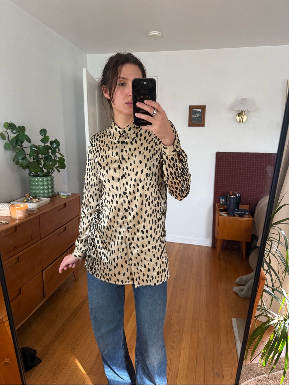 Leopard Print Button-Down Shirt in Beige
